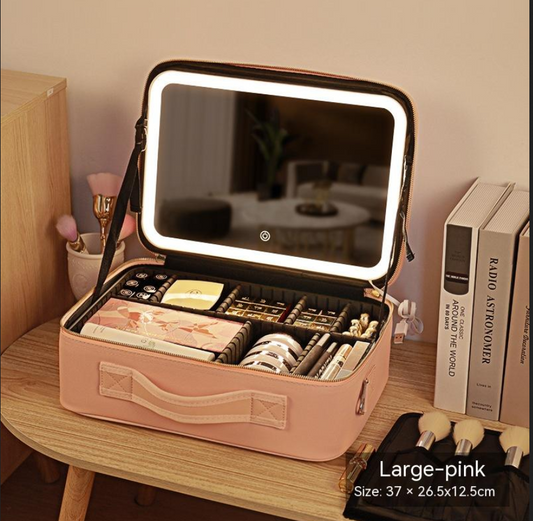 Portable Cosmetic Bag with Mirror & LED Light, Skin Care Storage Box
